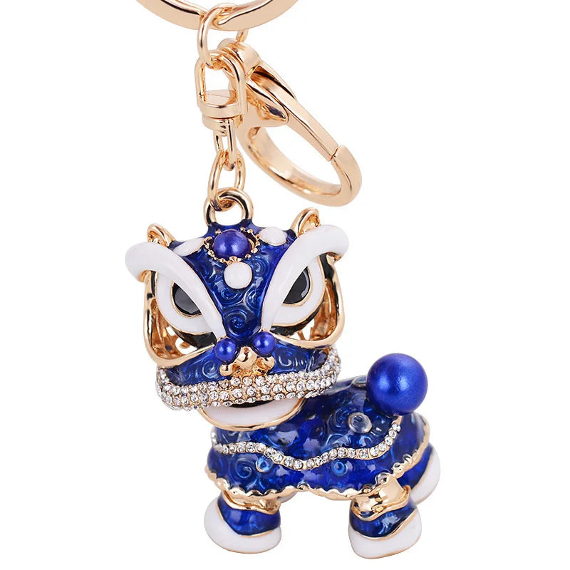 EASYA Chinese Lion Dance Chinatown GIFTS Rotatable Car Keychain Crystal Lucky Mascot Key Chain Ring  Souvenir