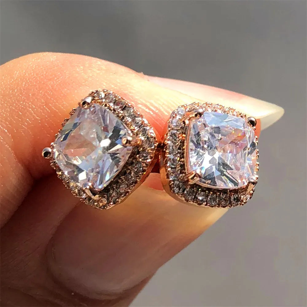 Luxury Female Crystal Zircon Stone Earrings Fashion Silver Color Yellow Double Stud Earrings For Women