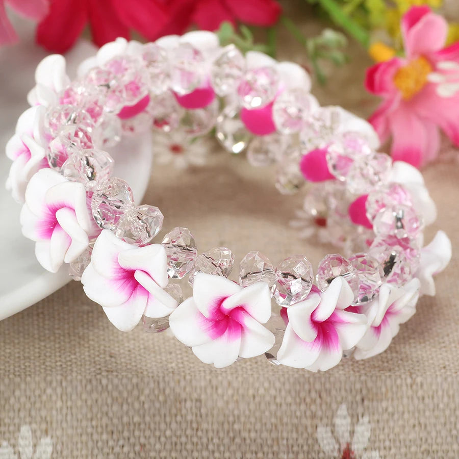 1pc/lot Handmade Cute Polymer Clay Frangipani Plumeria Hawaiian Flower Bracelets For Girls Women Holiday seaside Hawaii Jewelry