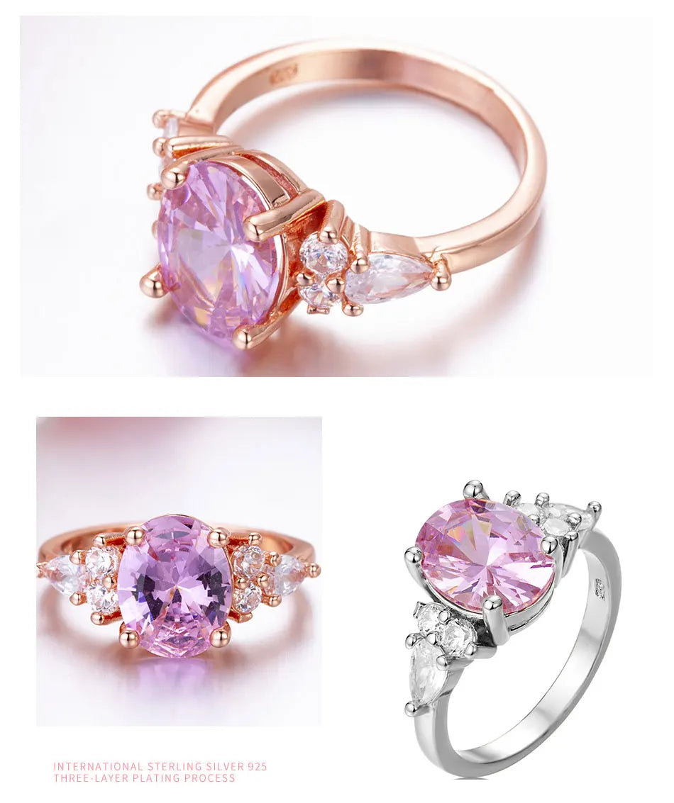 ZDADAN 925 Sterling Silver Pink Crystal Ring For Women Fashion Party Jewelry Wholesale