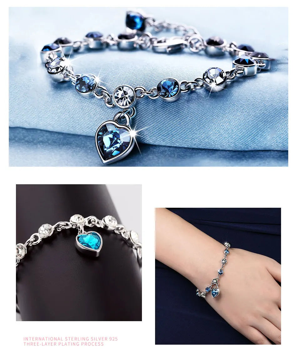 ZDADAN 925 Sterling Silver Charm Sapphire Heart Bracelet Chain For Women Fashion Engagement Party Jewelry Gift