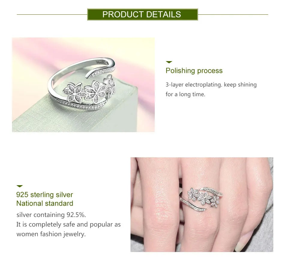 ZDADAN 925 Sterling Silver Fashion Adjustable Open CZ Flowers Ring For Women Temperament Jewelry Accessories Gift