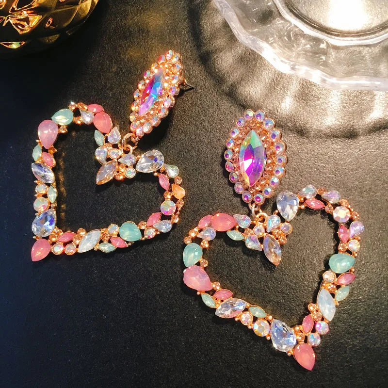 KMVEXO Fashion Boho Colorful Heart Crystal Earrings For Women 2023 New Rhinestone Statement Heart Stars Drop Earrings Bijoux
