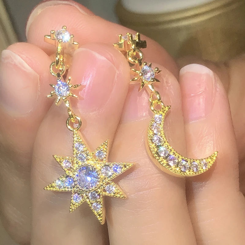 925 Silver Design Simple Advanced White Zircon Earring Temperament French Fairy Star-Moon Earrings Party Dating Jewelry Gift