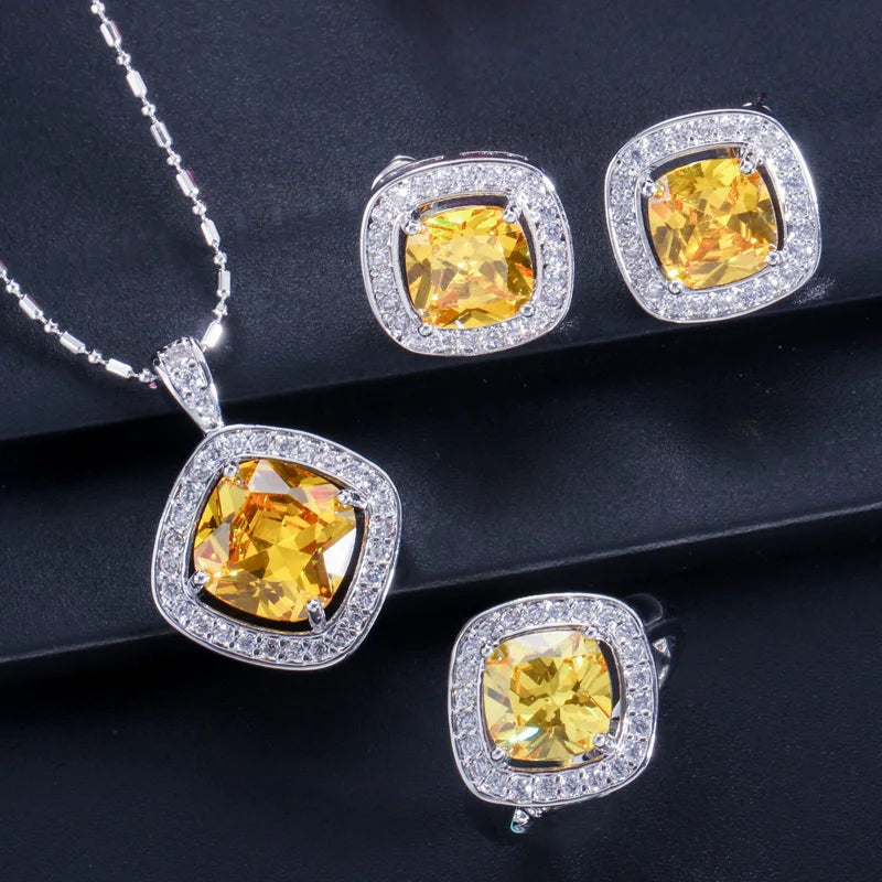 ThreeGraces Summer Yellow Cubic Zirconia Crystal Necklace Earrings and Ring Sets Fashion Austrian Ladies Party  Jewelry  JS190
