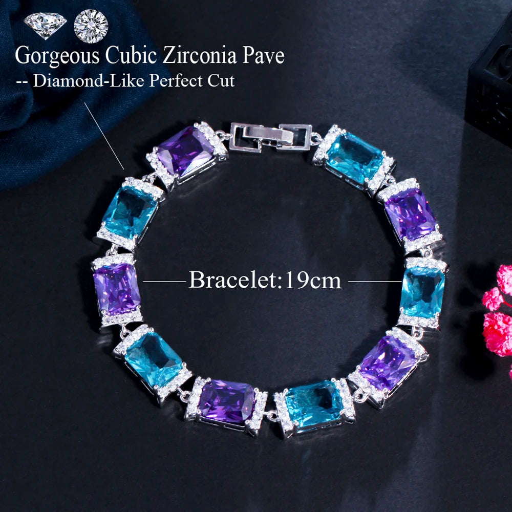 ThreeGraces Elegant Shiny Blue Purple Cubic Zirconia Geometric Rectangle Link Chain Tennis Bracelets for Women Jewelry BR191