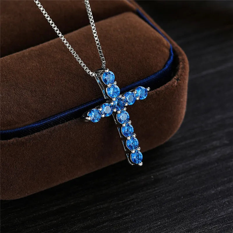 Luxury Female Crystal Blue Purple Pendant Necklace Charm Silver Color Chain Zircon Stone Wedding Jewelry For Women