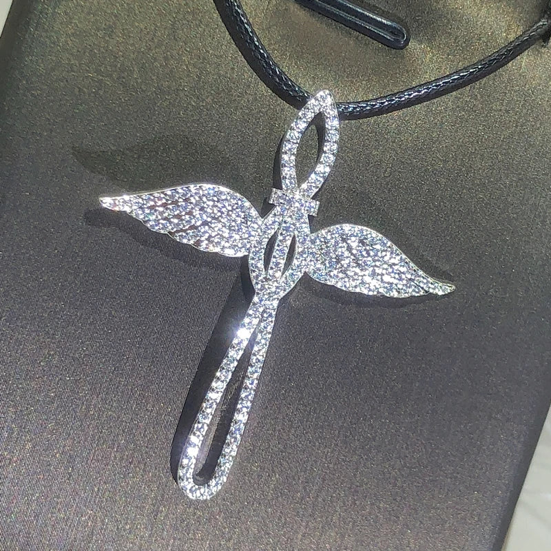 925 Sterling Silver Fashion Angel Cross Pendant Necklace For Ladies Double Wings Party Birthday Jewelry Gift