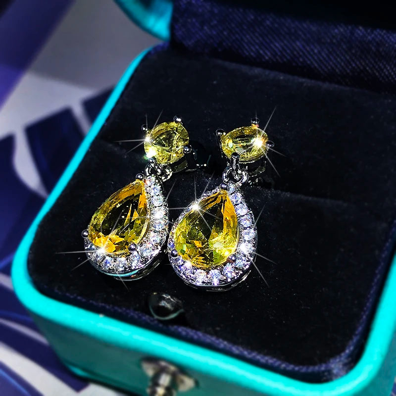Elegant Temperament Yellow Zircon Drop Earrings 925 Sterling Silver Four-Claw Diamond Earrings Ladies Party Birthday Jewelry