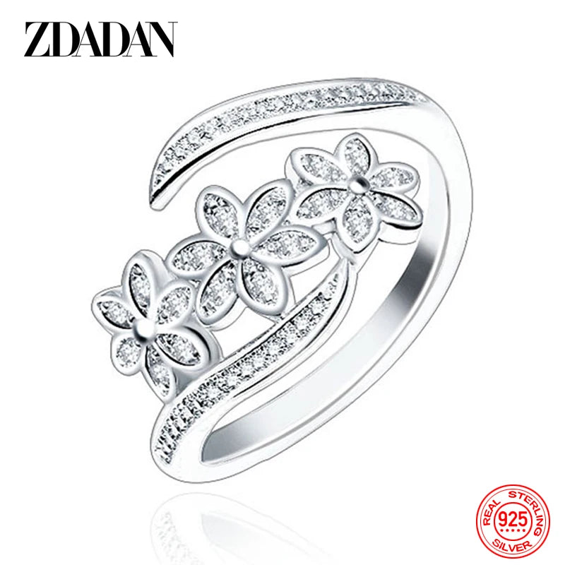 ZDADAN 925 Sterling Silver Fashion Adjustable Open CZ Flowers Ring For Women Temperament Jewelry Accessories Gift