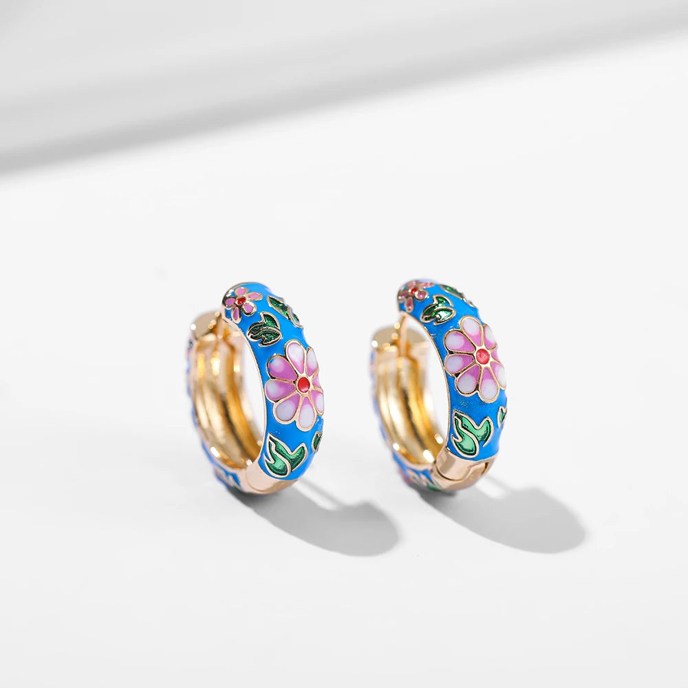 New Trendy Flower Enamel Hoop Earrings for Women Boho Statement Round Circle Huggie Earring Fashion Jewelry 2021 Brincos