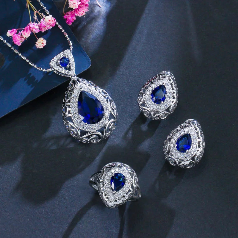 ThreeGraces 3pcs Elegant Green Cubic Zirconia Fashion Pendant Necklace  Earrings Ring Jewelry Set for Women Party Wear JS137