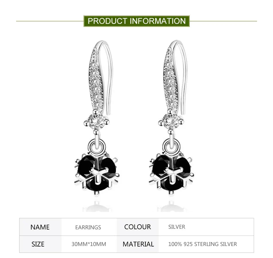 ZDADAN 925 Sterling Silver Black Round Zircon Drop Earrings For Women Fashion Wedding Jewelry Gift