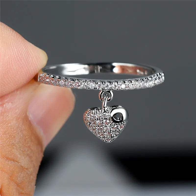 Luxury Female Crystal Heart Pendant Rings Trendy Gold Silver Color Engagement Ring Charm White Zircon Wedding Jewelry For Women