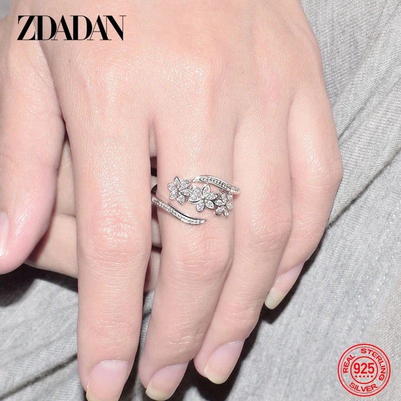 ZDADAN 925 Sterling Silver Fashion Adjustable Open CZ Flowers Ring For Women Temperament Jewelry Accessories Gift