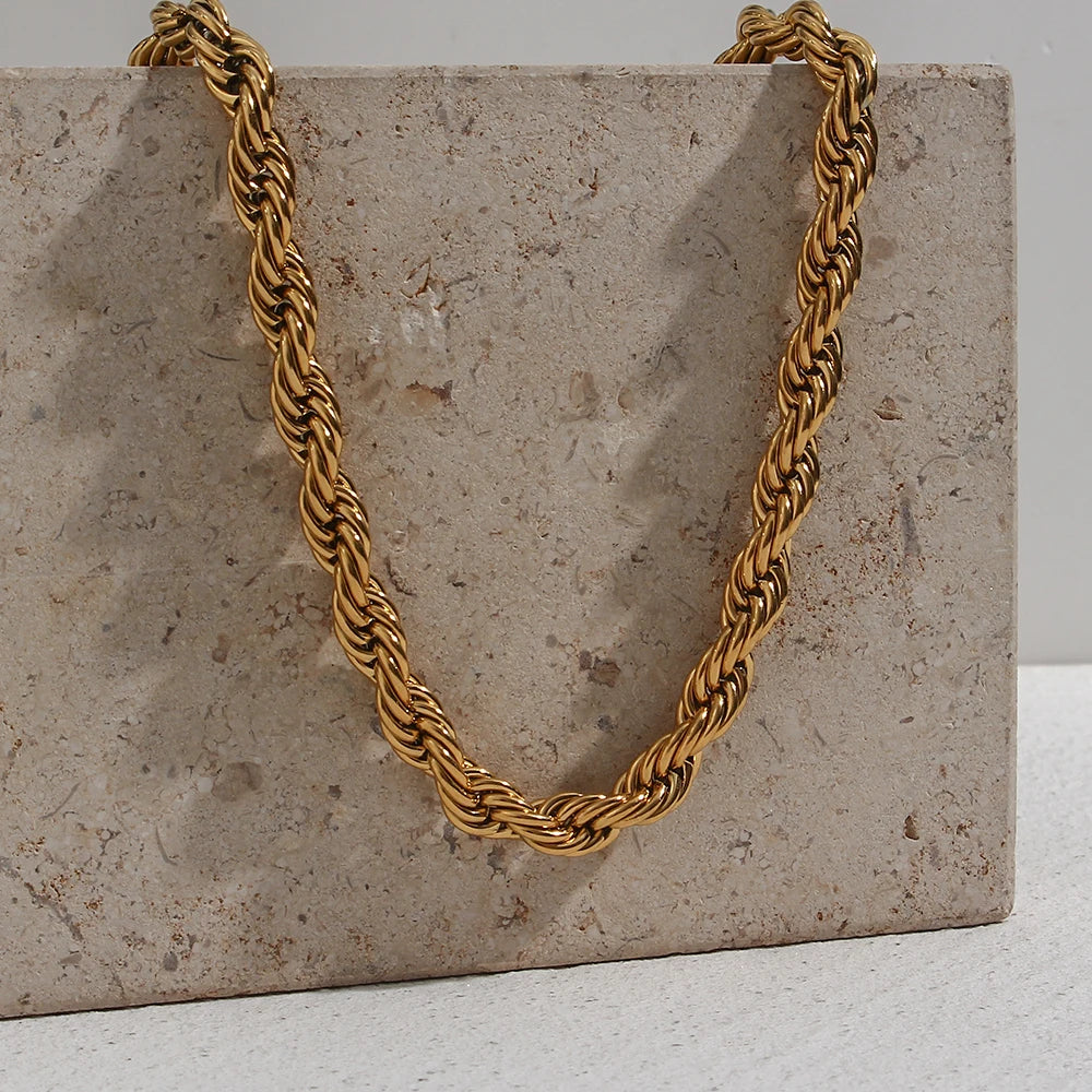 E.B.belle Tarnish Free Stainless Steel 18K Gold Plated Women's 8mm Chunky Twisted Rope Chain Necklace Trendy Gold Bracelet