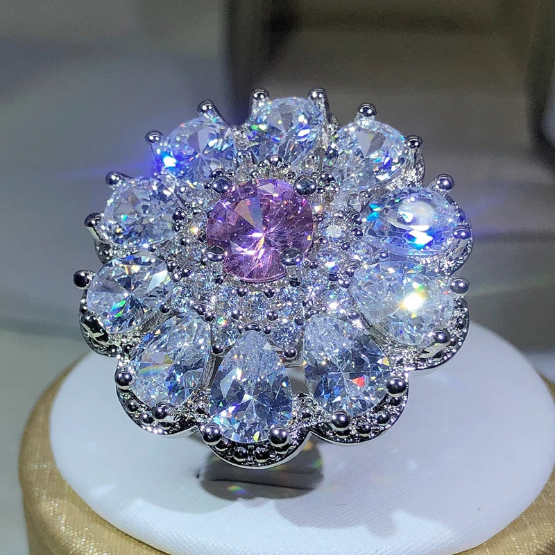 925 Silver Trendy Luxury Jewelry Ladies Shiny White Zirconia Crystal Flower Female Ring for Women Party Wedding