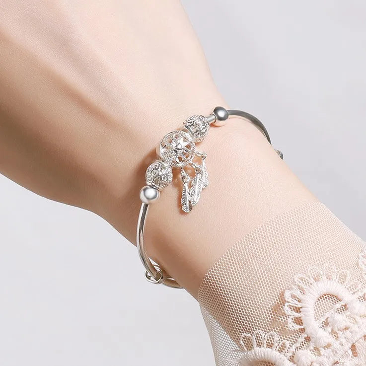 925 Sterling Silver Bracelets For Women Adjustable Bangle Dreamcatcher Tassel Feather Round Bead Charm Bracelet Wedding Jewelry
