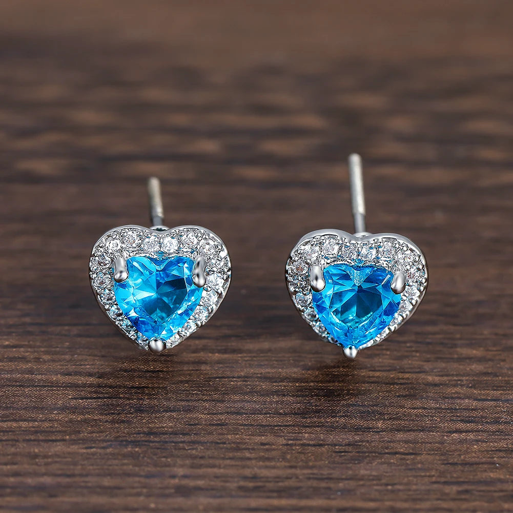 Dainty Female Rainbow Crystal Stone Jewelry Charm Silver Color Small Stud Earring Cute Heart Zircon Wedding Earrings For Women
