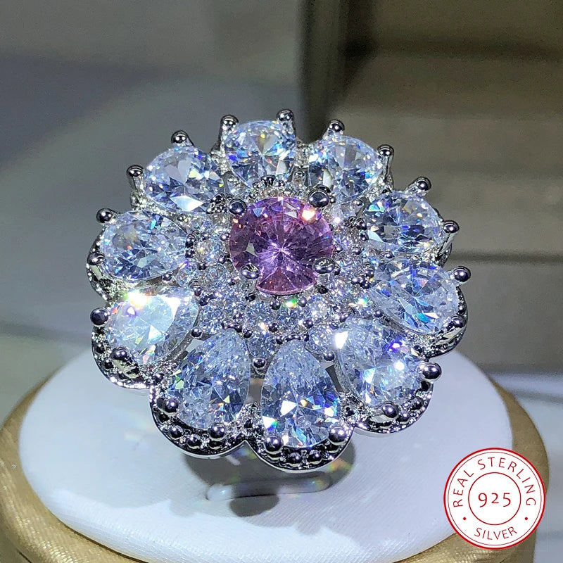 925 Silver Trendy Luxury Jewelry Ladies Shiny White Zirconia Crystal Flower Female Ring for Women Party Wedding