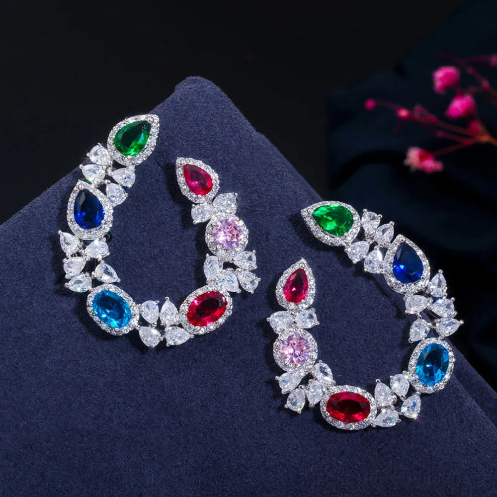 ThreeGraces Sweet Colorful Cubic Zirconia Big Symmetrical Earrings Pendant Necklace Fashion Jewelry Set for Women Party JS619