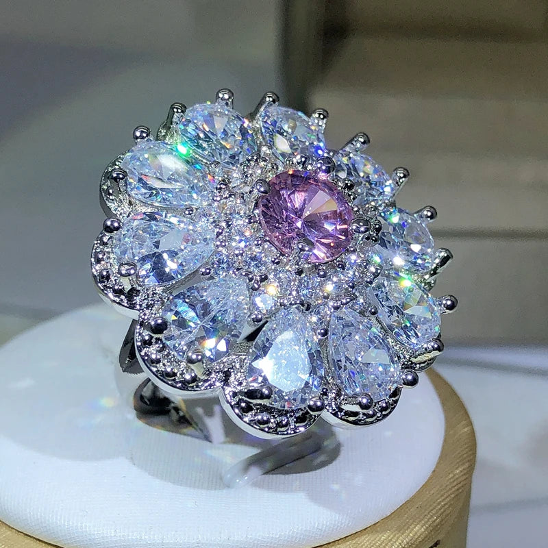 925 Silver Trendy Luxury Jewelry Ladies Shiny White Zirconia Crystal Flower Female Ring for Women Party Wedding