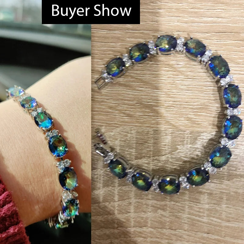 Pera Fashion Women Evening Party Jewelry Natural Light Blue Oval Rainbow Mystic Crystal Stones Bracelets for Birthday Gift B087
