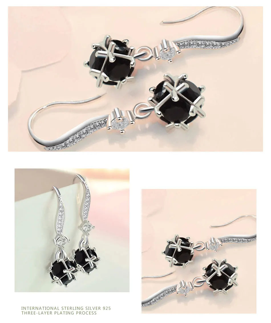 ZDADAN 925 Sterling Silver Black Round Zircon Drop Earrings For Women Fashion Wedding Jewelry Gift