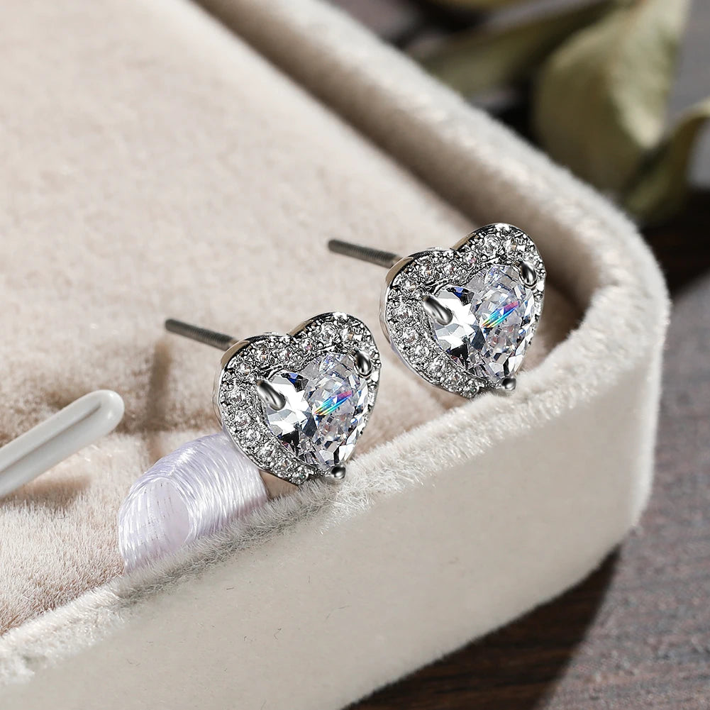 Dainty Female Rainbow Crystal Stone Jewelry Charm Silver Color Small Stud Earring Cute Heart Zircon Wedding Earrings For Women
