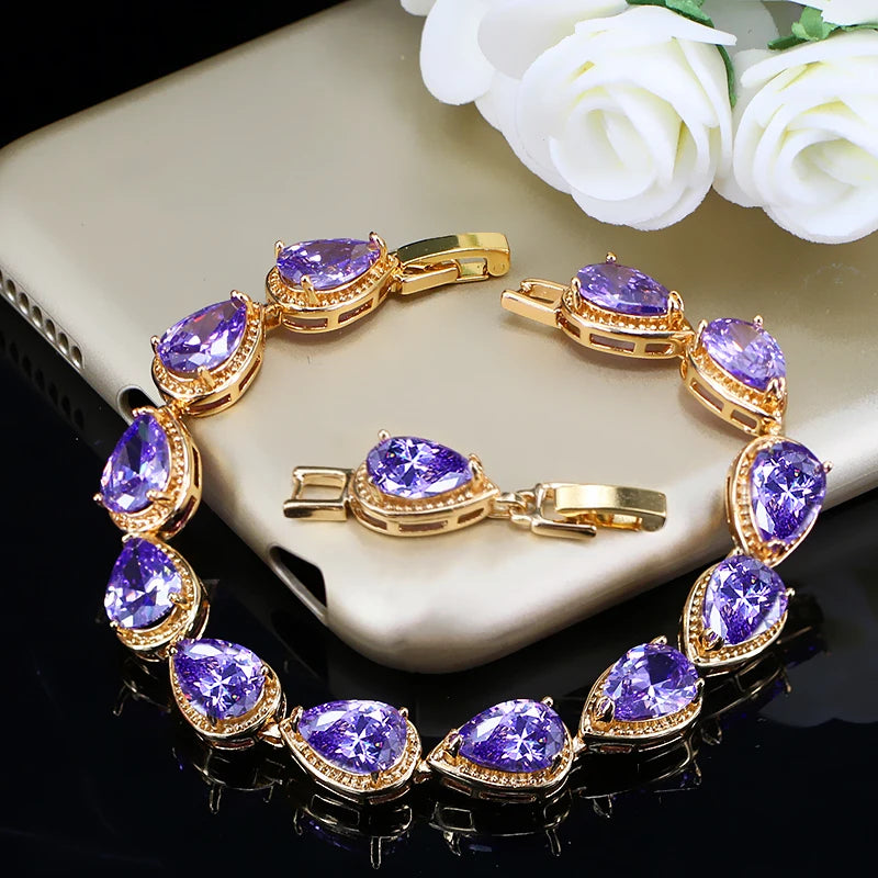 ThreeGraces Fashion Shiny Purple Water Drop Cubic Zirconia Crystal Bridal Wedding Party Bracelet for Women Jewelry BR053