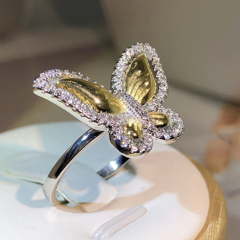 925 Sterling Silver Atmospheric Two-Color Butterfly White Zircon Ring Gold Bow For Ladies Party Outing Jewelry Gift