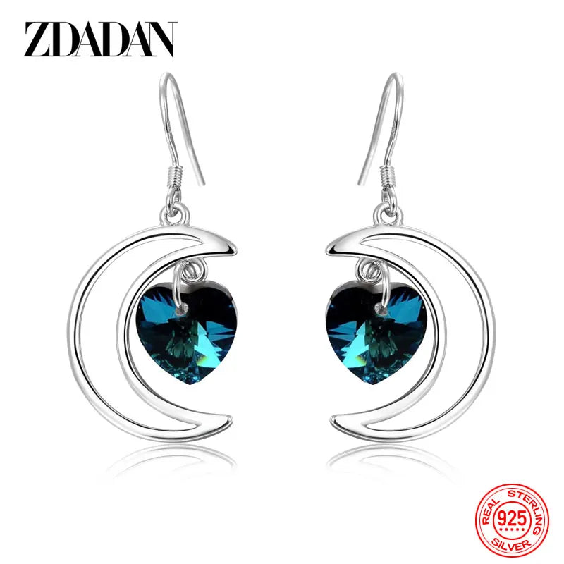 ZDADAN 925 Sterling Silver Moon Heart Blue Crystal Drop Earrings For Women Wedding Jewelry