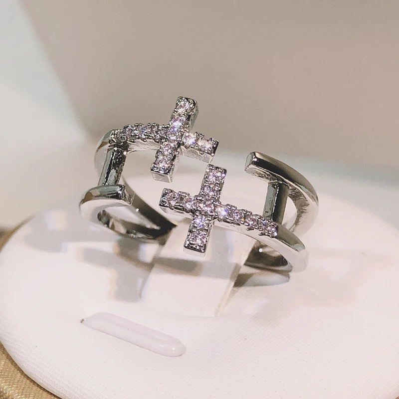 925 Sterling Silver Open Double Zircon Cross Rings For Woman Gothic Accessories Fashion Jewelry Party Irregular Ring