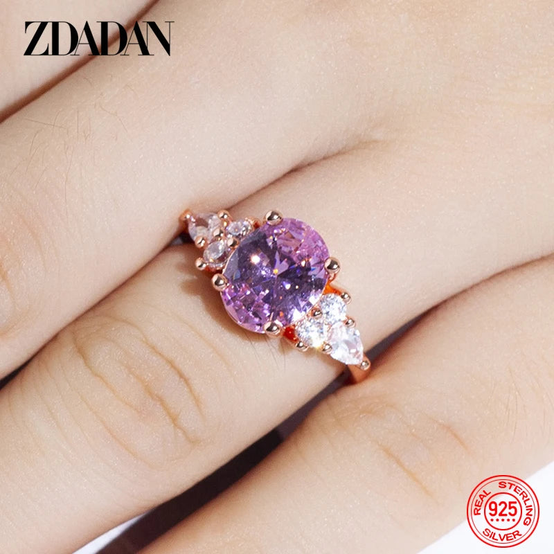 ZDADAN 925 Sterling Silver Pink Crystal Ring For Women Fashion Party Jewelry Wholesale