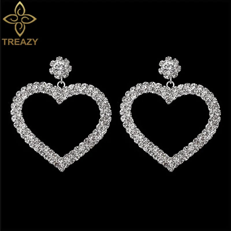 TREAZY Personality Silver Color Rhinestone Crystal Drop Earrings for Women Bride Heart Dangle Earrings Wedding Jewelry Brincos