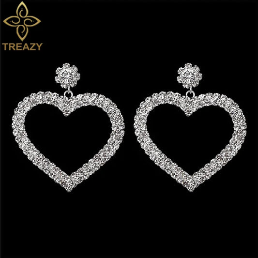 TREAZY Personality Silver Color Rhinestone Crystal Drop Earrings for Women Bride Heart Dangle Earrings Wedding Jewelry Brincos