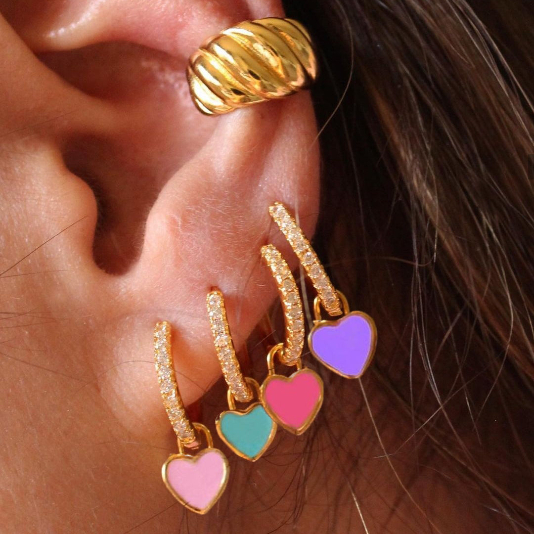 New Trendy Rhinestone Small Circle Hoops with Cute Candy Neon Color Heart Hanging Earrings for Women Gold Plated Huggies Jewelry