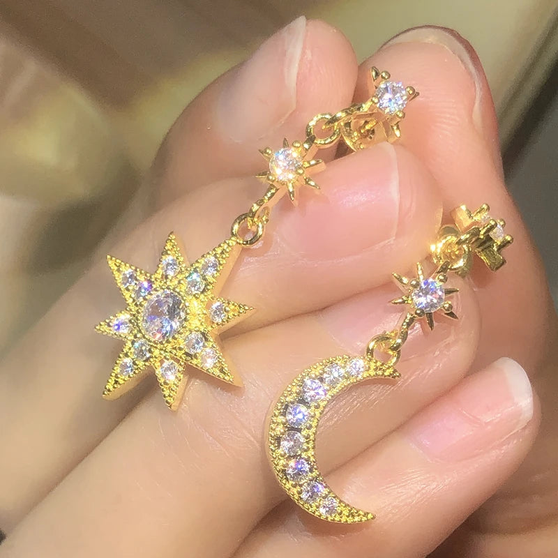 925 Silver Design Simple Advanced White Zircon Earring Temperament French Fairy Star-Moon Earrings Party Dating Jewelry Gift