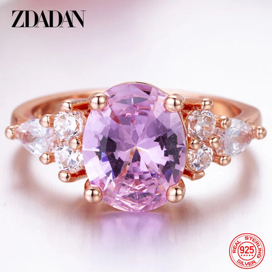 ZDADAN 925 Sterling Silver Pink Crystal Ring For Women Fashion Party Jewelry Wholesale