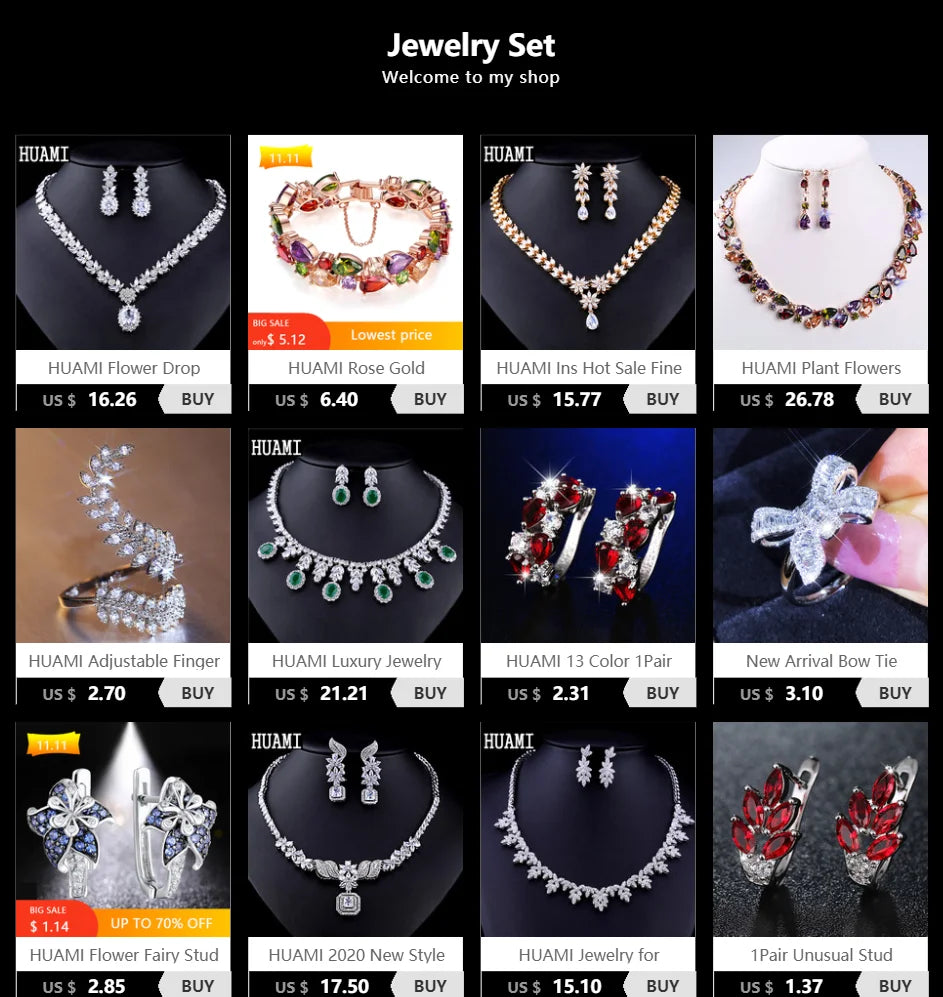 HUAMI Rose Gold Chain Neckalace Cross Stud Earrings Crystal Jewelry for Women Wedding Bling Zircon Collier Femme Gift Party