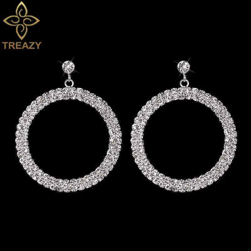 TREAZY Simple Designed Silver Plated Rhinestone Crystal Drop Earrings for Women Bride Circle Dangle Earrings Wedding Jewelry