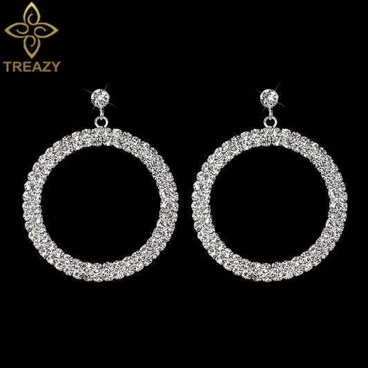 TREAZY Simple Designed Silver Plated Rhinestone Crystal Drop Earrings for Women Bride Circle Dangle Earrings Wedding Jewelry