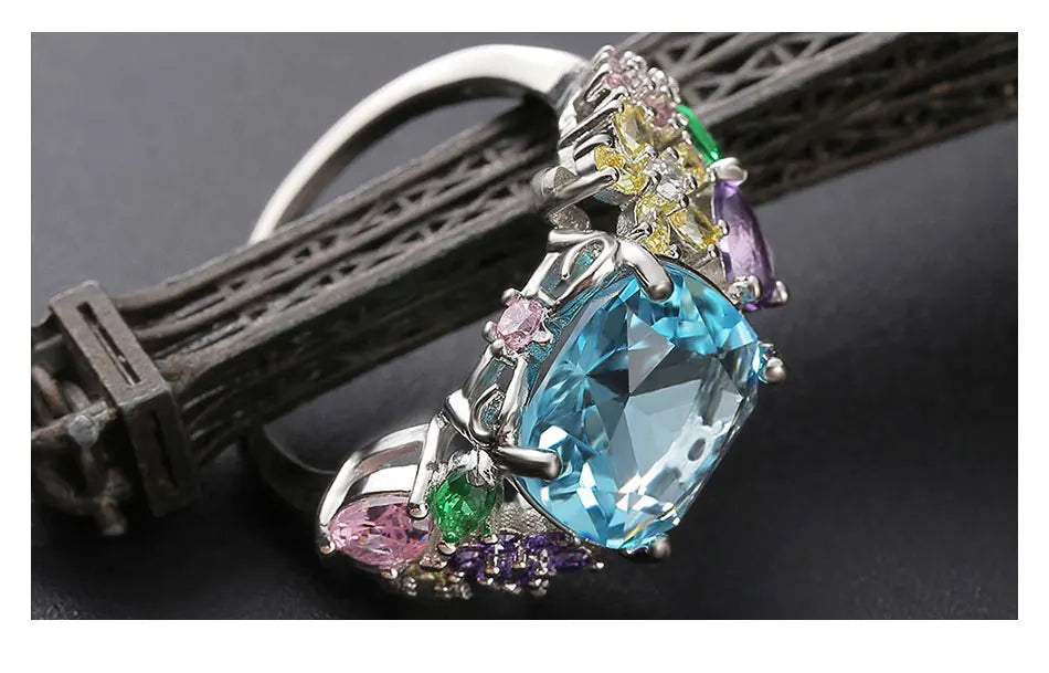 ZDADAN 925 Sterling Silver Square Gemstone Ring For Women Fashion Glamour Gift Wedding Jewelry
