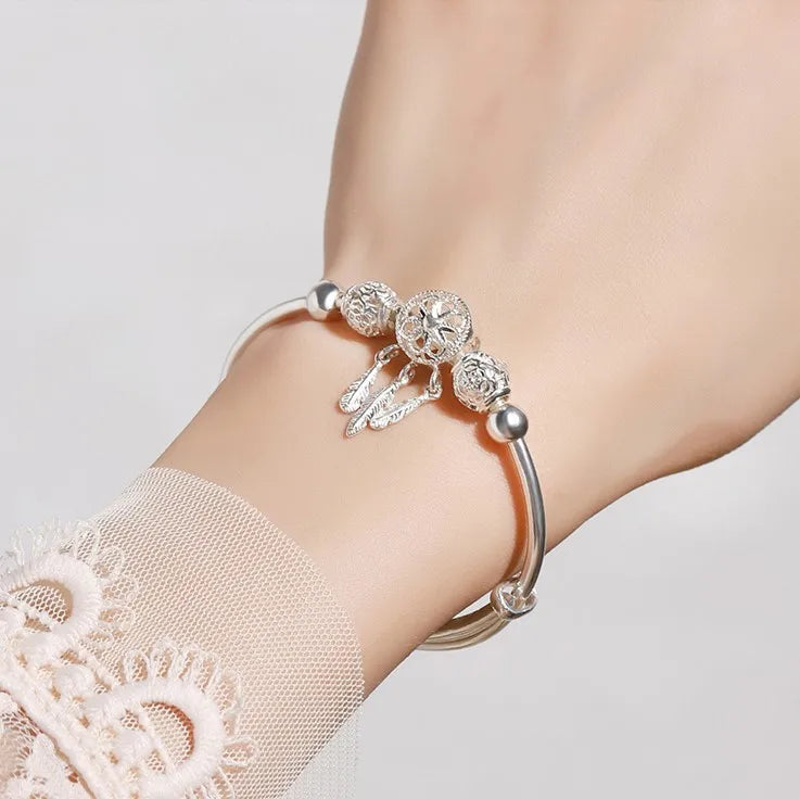 925 Sterling Silver Bracelets For Women Adjustable Bangle Dreamcatcher Tassel Feather Round Bead Charm Bracelet Wedding Jewelry