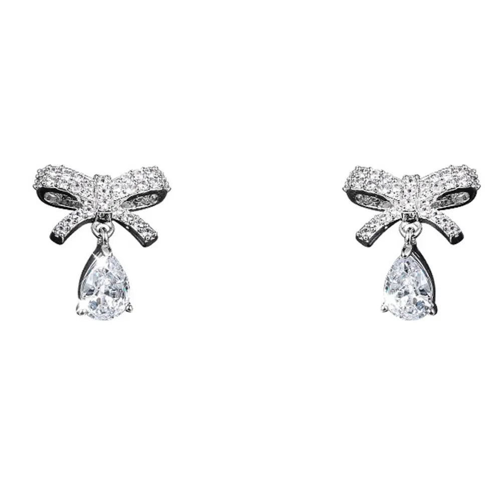 2020 Dangle Drop Earrings Stud Women Water Bowknot Zircon Two Color Gold Silver Jewelry Small Cute Gift For Girlfriend