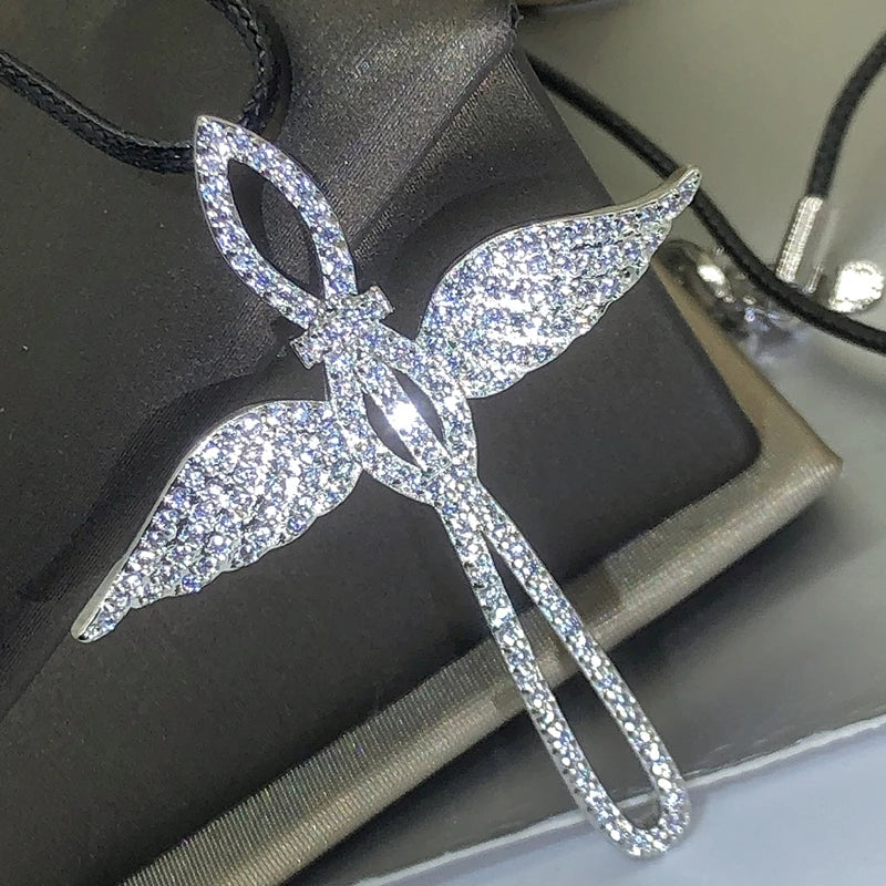 925 Sterling Silver Fashion Angel Cross Pendant Necklace For Ladies Double Wings Party Birthday Jewelry Gift