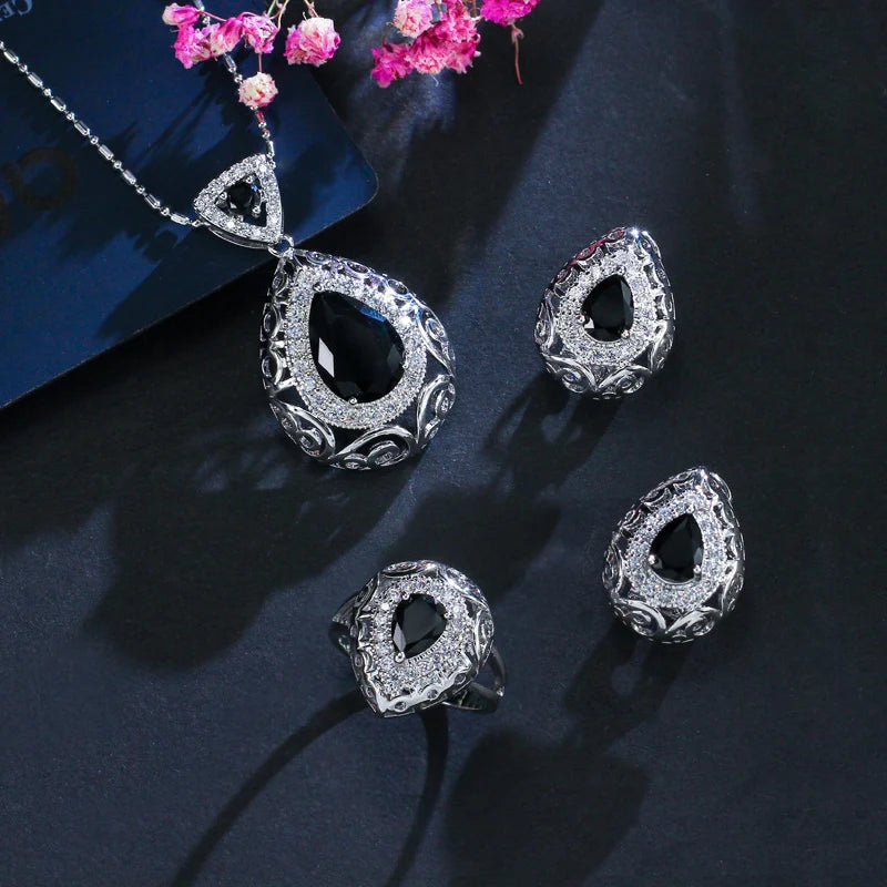 ThreeGraces 3pcs Elegant Green Cubic Zirconia Fashion Pendant Necklace  Earrings Ring Jewelry Set for Women Party Wear JS137