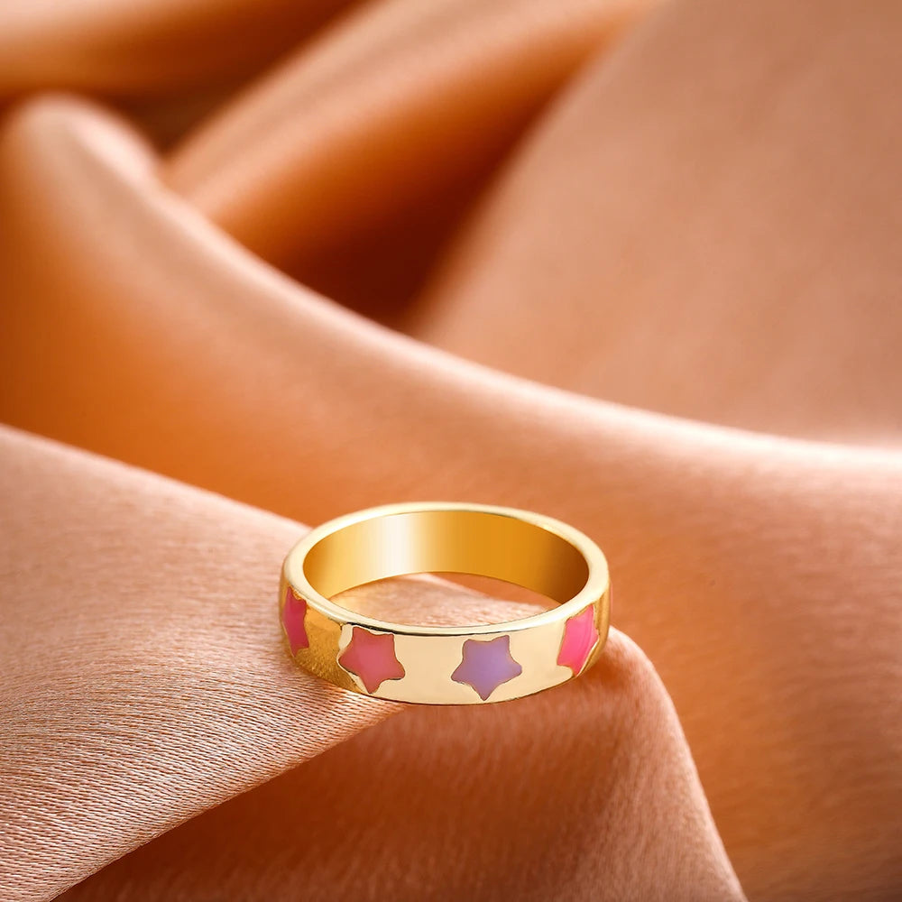 Aesthetic Colorful Enamel Heart Star Flower Shaped Ring Set for Women Cute Fashion Stacking Finger Rings Jewelry Gift