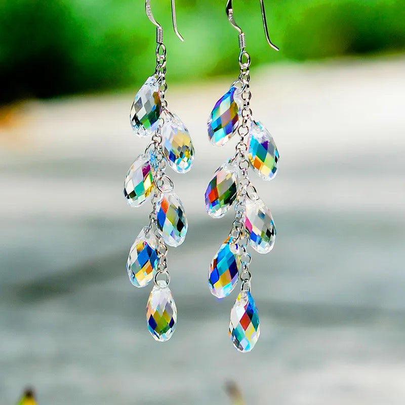 Trendy Female Crystal Geometry Dangle Earring Charm Silver Color Drop Earrings Cute Tassel Long Wedding Jewelry For Women