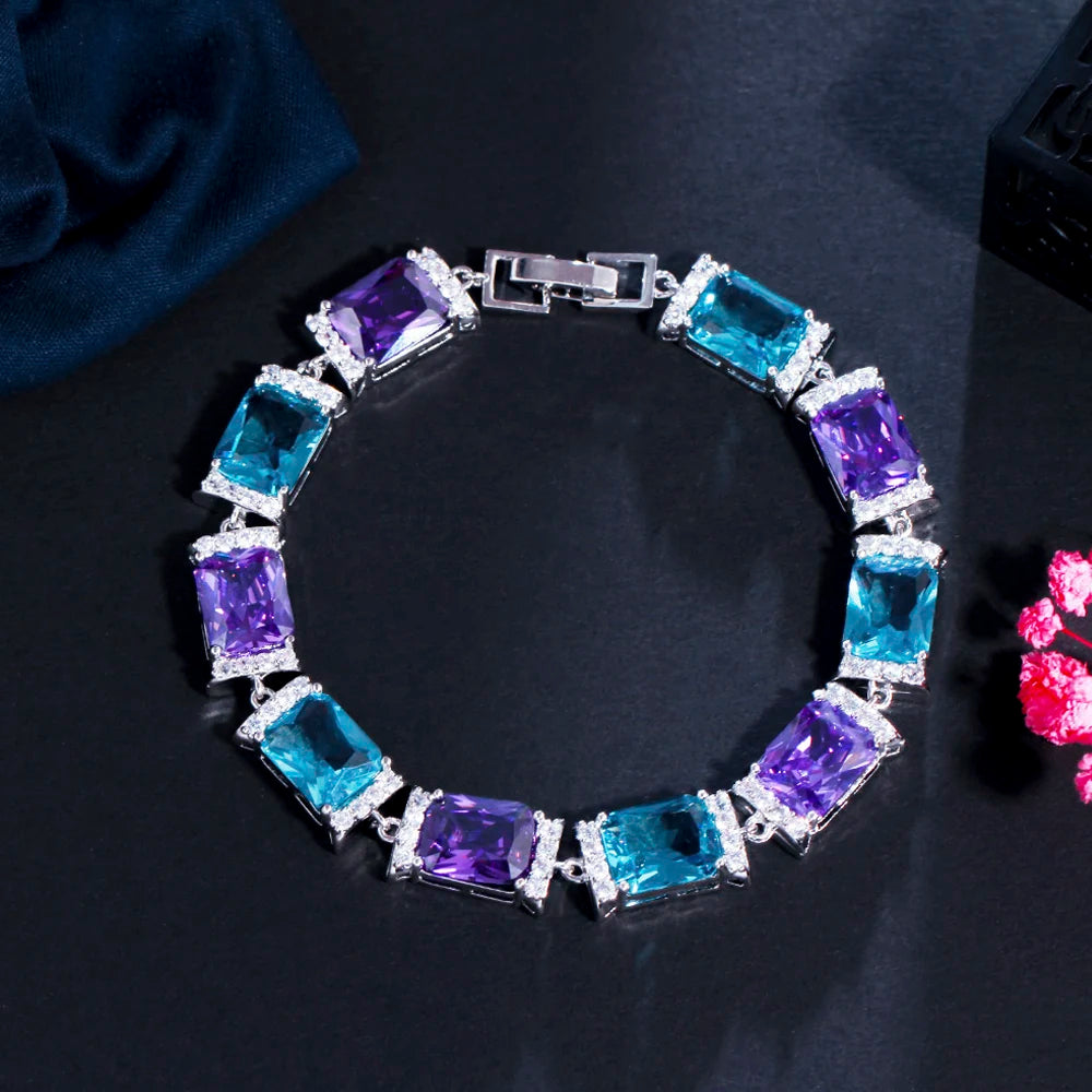 ThreeGraces Elegant Shiny Blue Purple Cubic Zirconia Geometric Rectangle Link Chain Tennis Bracelets for Women Jewelry BR191